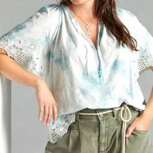 Anthropologie Shirt Womens M Blue Tie DyeEyelet Lace Embroidered Peasant Prairie